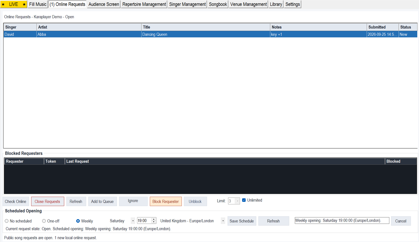 KaraPlayer Online Requests screen showing a sample request, singer notes, queue controls and scheduled opening settings.